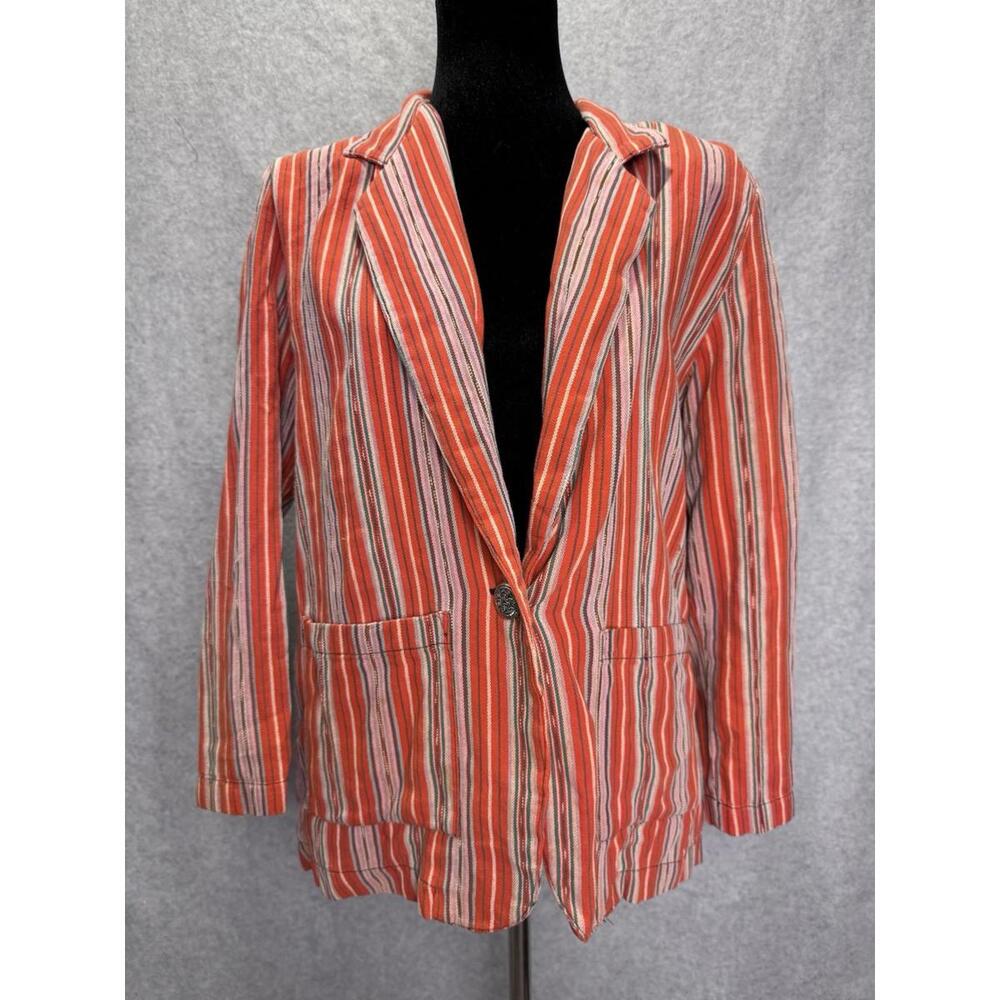 VINTAGE Aqua Blues Women's Cotton Blazer Small Striped Business 80's Retro Artsy